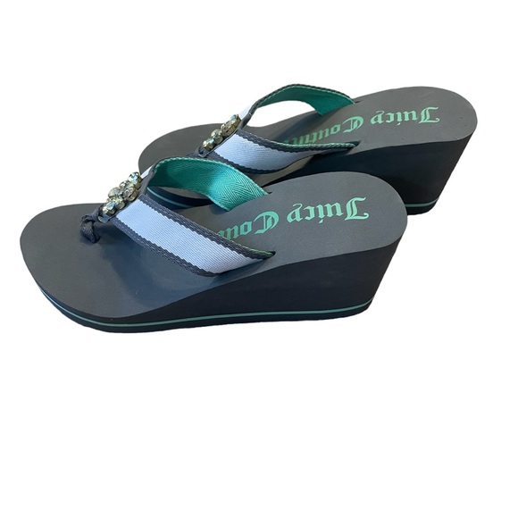 Juicy Couture Gray and Mint Rhinestone Wedge Flip Flop Sandals Size S - Picture 1 of 6